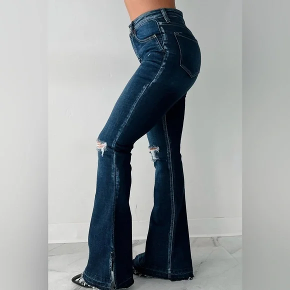 New KanCan Flare Jeans Dark Wash Side Slit High Rise Release Hem - Picture 3 of 6